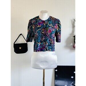 Jeffery Dara Teal Colorful Paisley Short Sleeve Cropped Button Blouse Maximalist